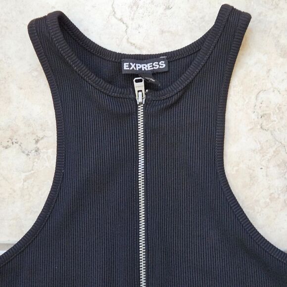 Express Bodysuit Women XS Black Body Contour Sleeveless Ribbed Front Zip Classic - Picture 11 of 14